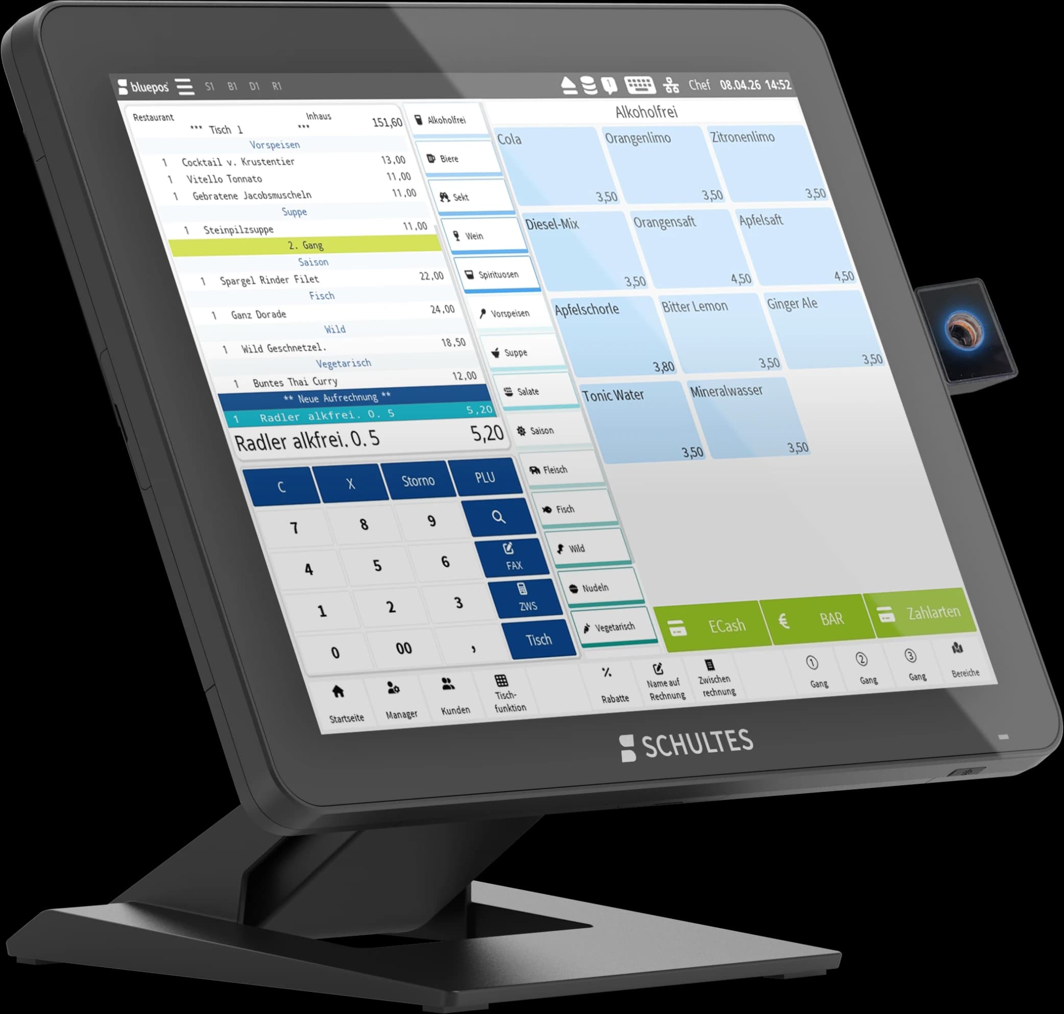 SCHULTES S-840 Kassensystem mit 15-Zoll-Display im 4:3-Format und bluepos Oberfläche