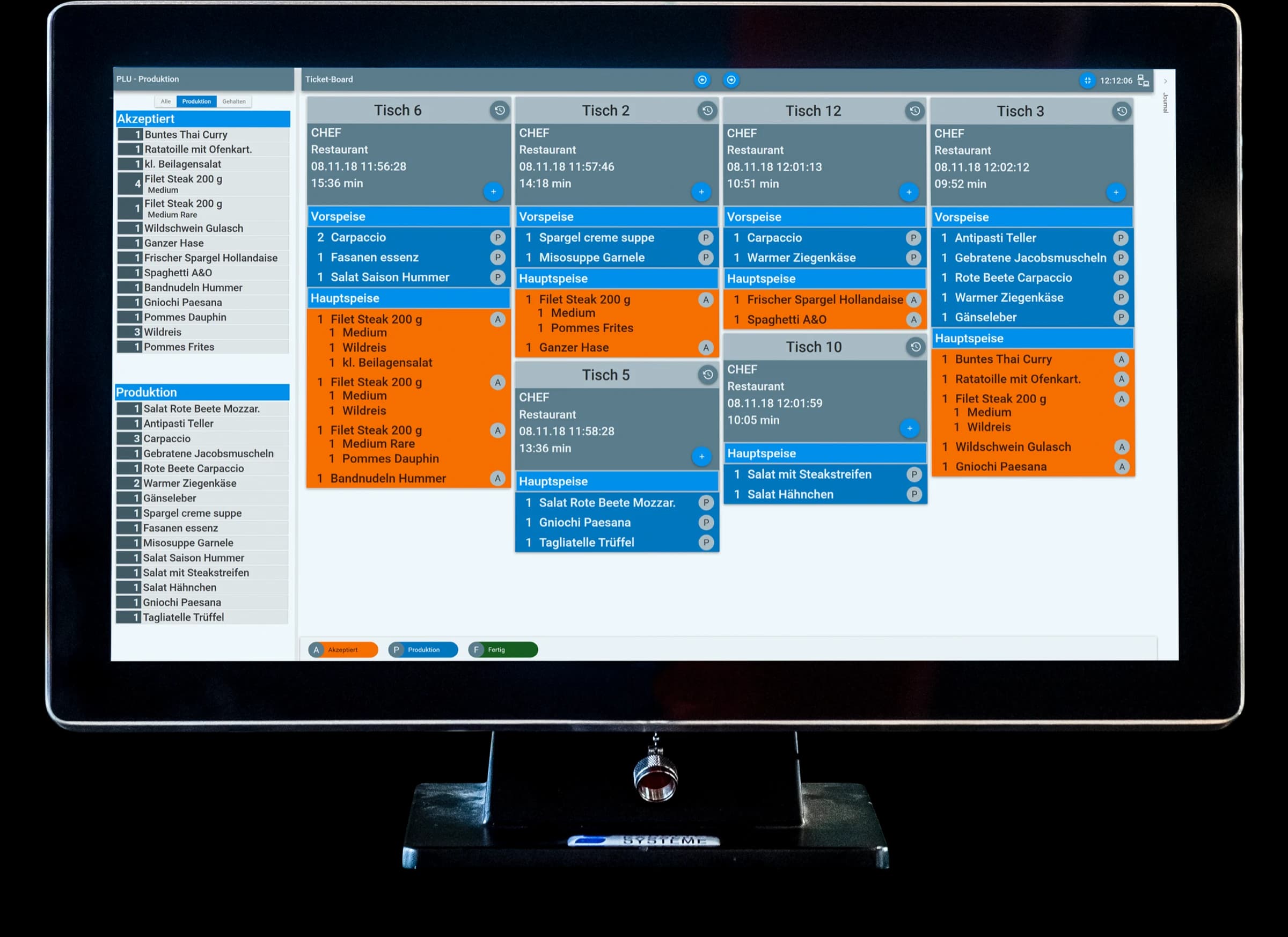 bluepos kitchen display: Küchenmonitor mit Bestellungen je Tisch, Status Akzeptiert, Produktion, Fertig