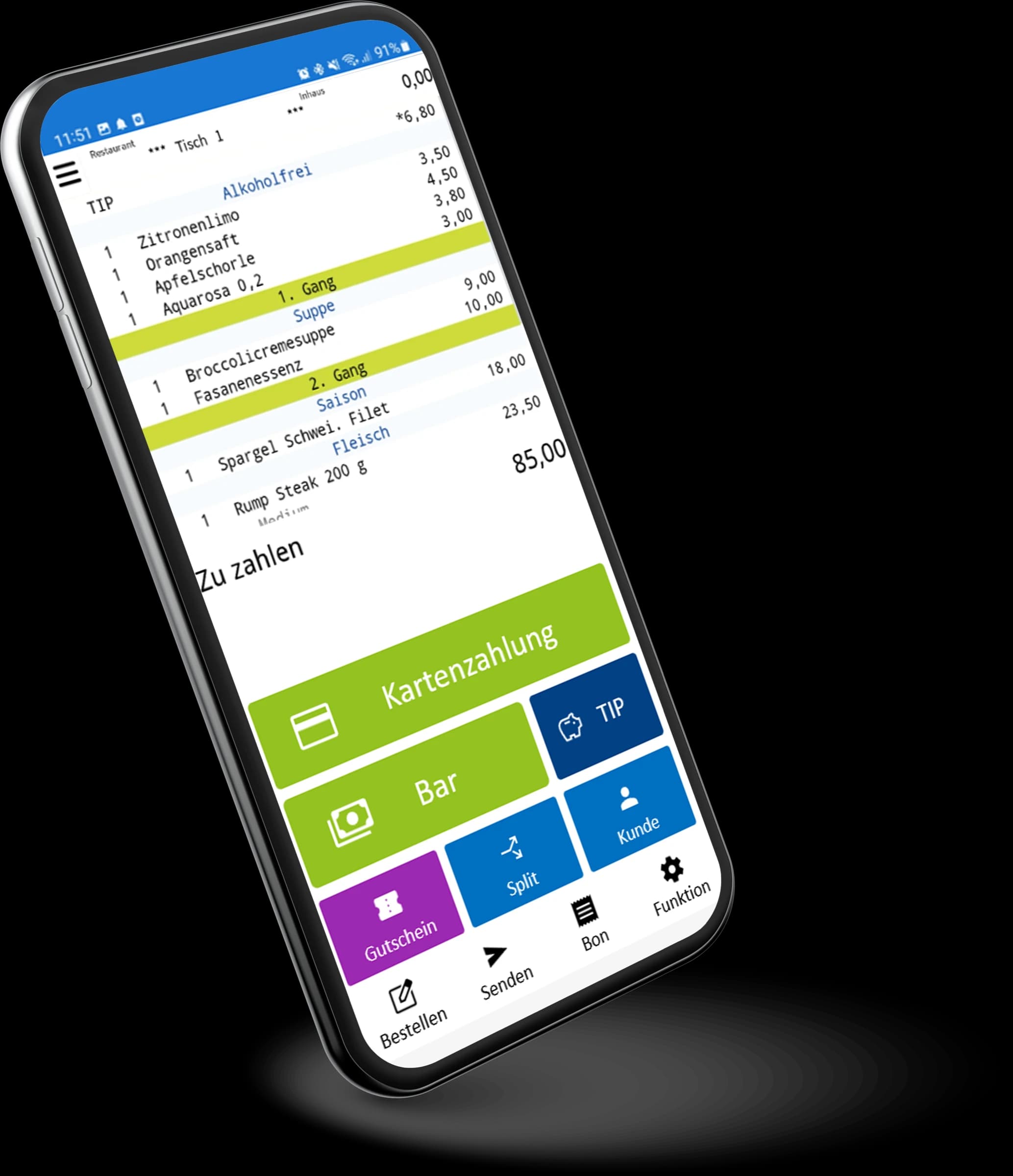 bluepos mobile auf dem Smartphone: Rechnung mit Kartenzahlung, Trinkgeld und Split