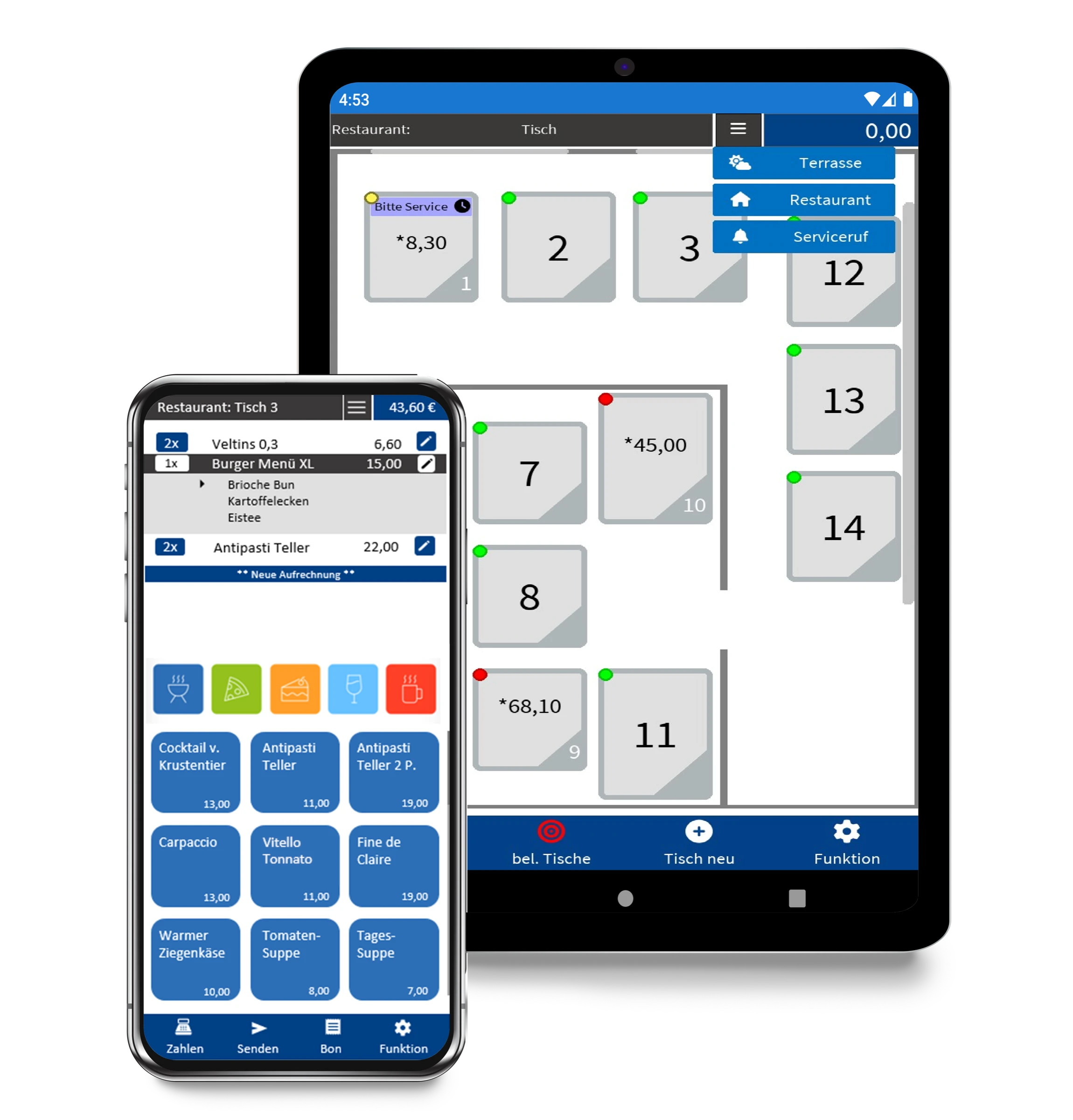 bluepos mobile auf Tablet mit Tischplan und auf Smartphone mit Bestellung